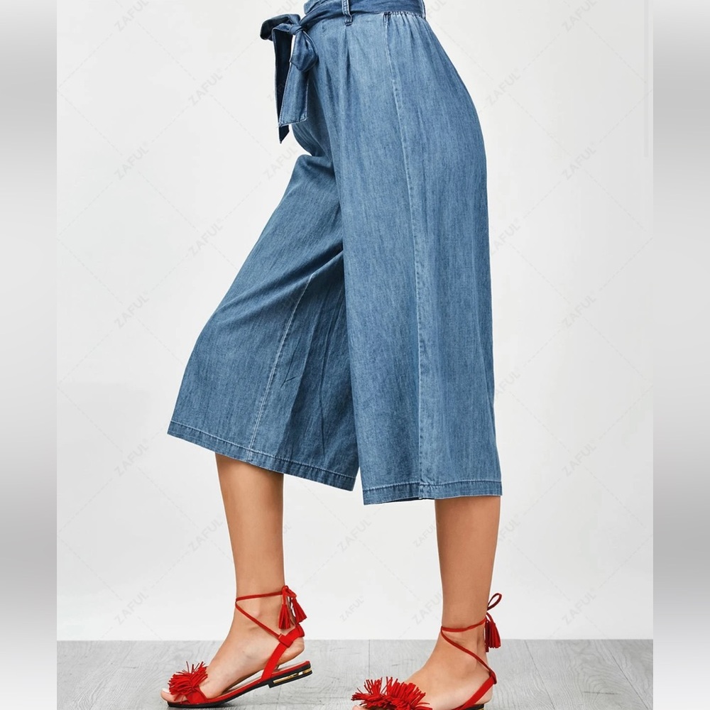 ZAFUL Tencel Bowknot Wide Leng Capri Pants - Denim Blue - Small